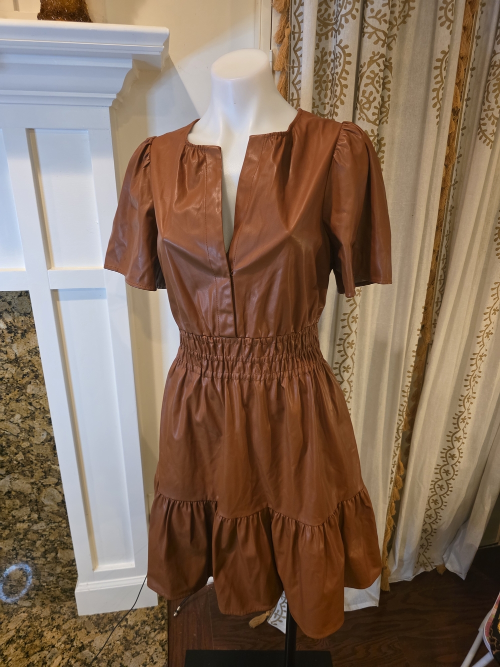 Anthropologie Rust Faux-Leather Tiered Mini Dress Festival Boho